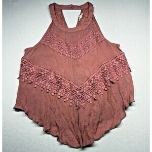 Rebellion Women’s 1X Boho Halter Top Coral Lace Crochet Sleeveless Plus Size